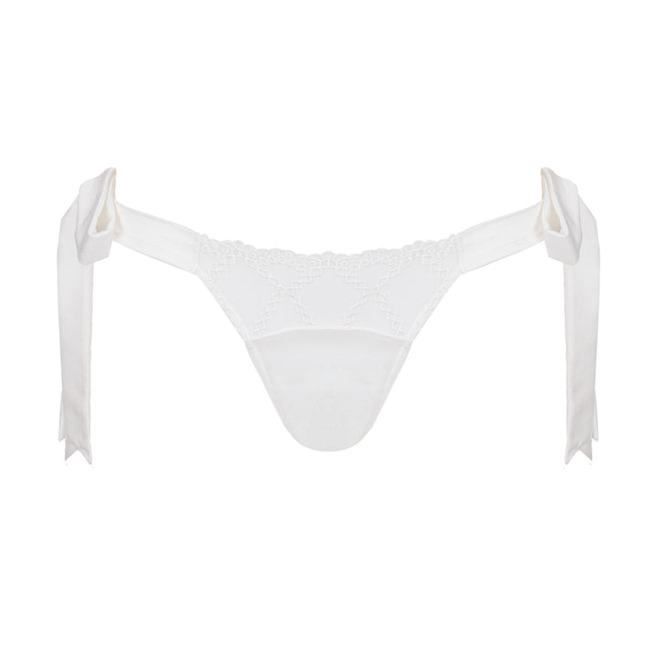 Studio Pia Aurora broderie anglaise embroidered tulle and peace silk tie side thong | Ivory