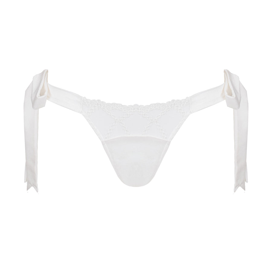 Studio Pia Aurora broderie anglaise embroidered tulle and peace silk tie side thong | Ivory