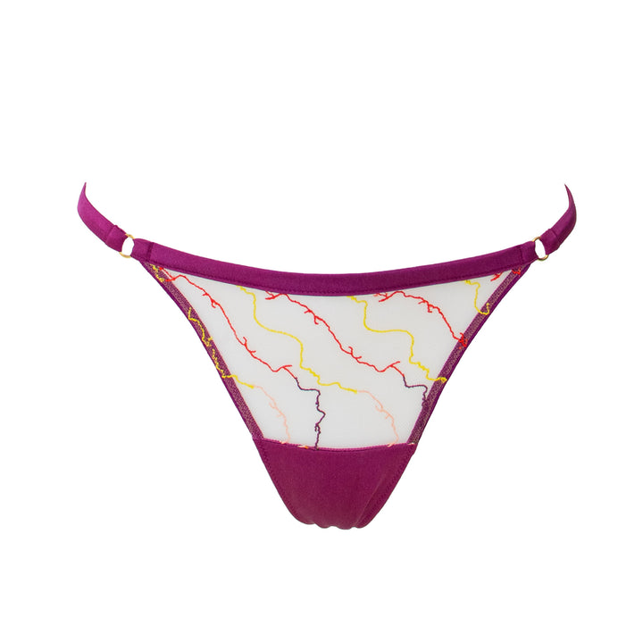 Studio Pia Clara sheer embroidered tulle and peace silk strap thong | Mulberry Purple