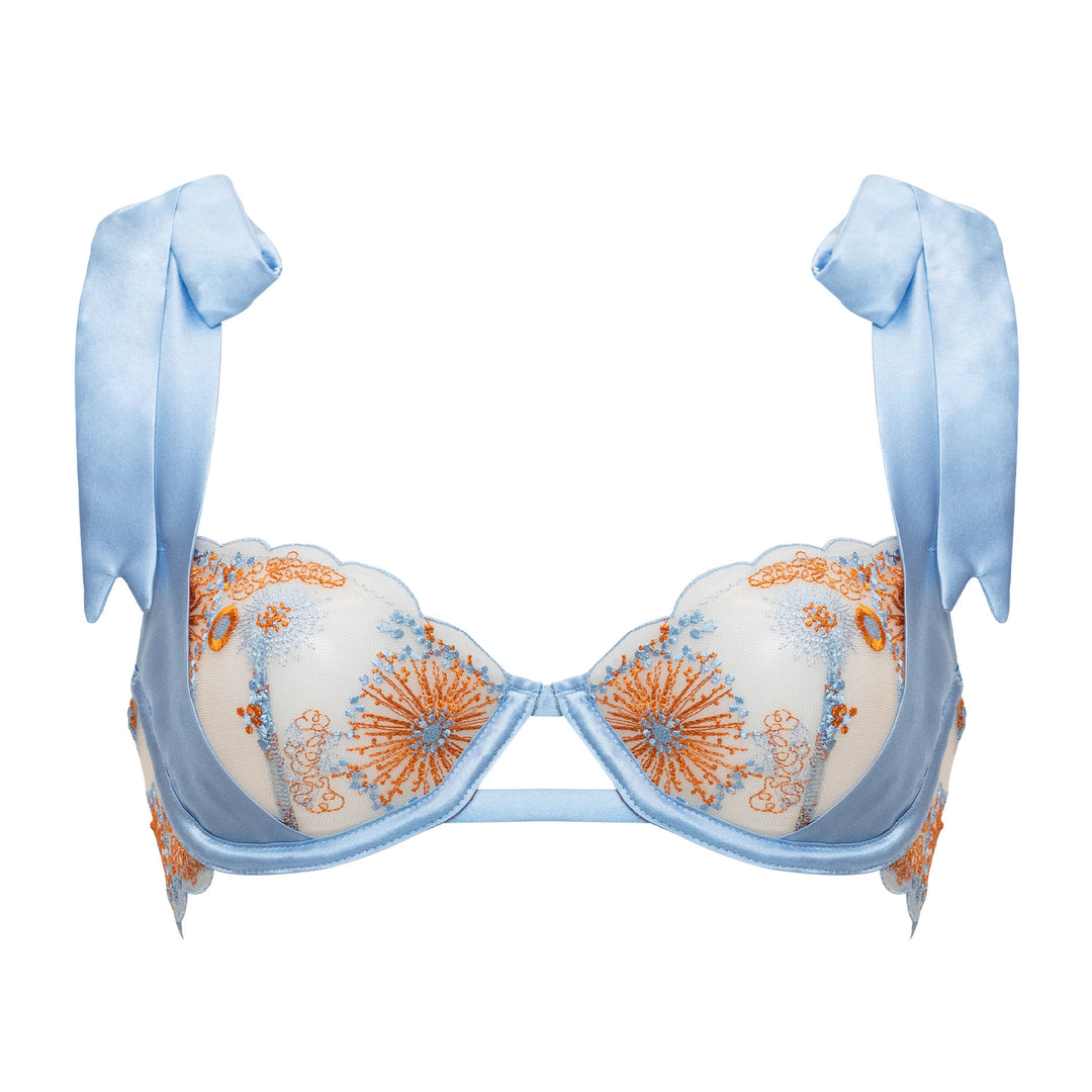 Studio Pia Lena sheer embroidered tulle and peace silk demi bra | Blue