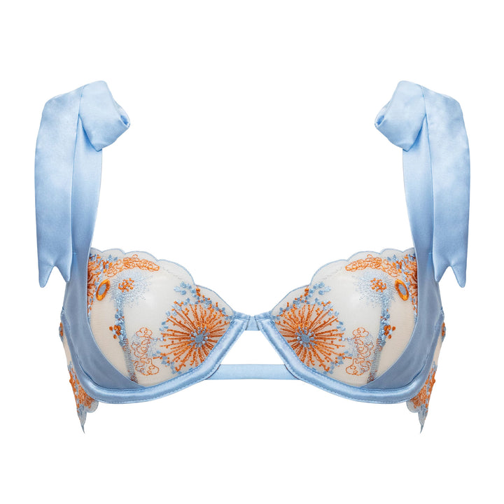 Studio Pia Lena sheer embroidered tulle and peace silk demi bra | Blue