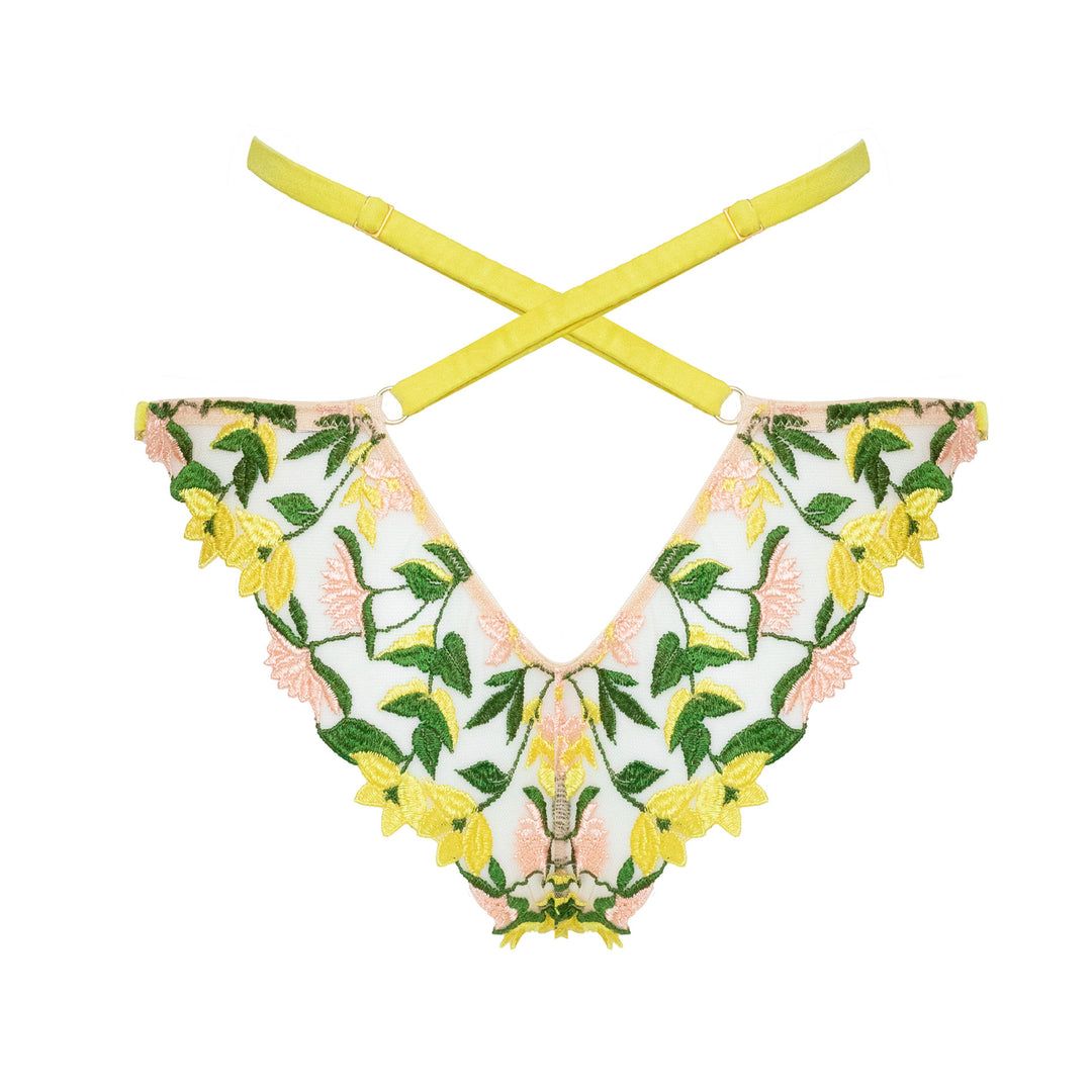 Studio Pia Liana floral embroidered tulle and peace silk strap thong | Chartreuse