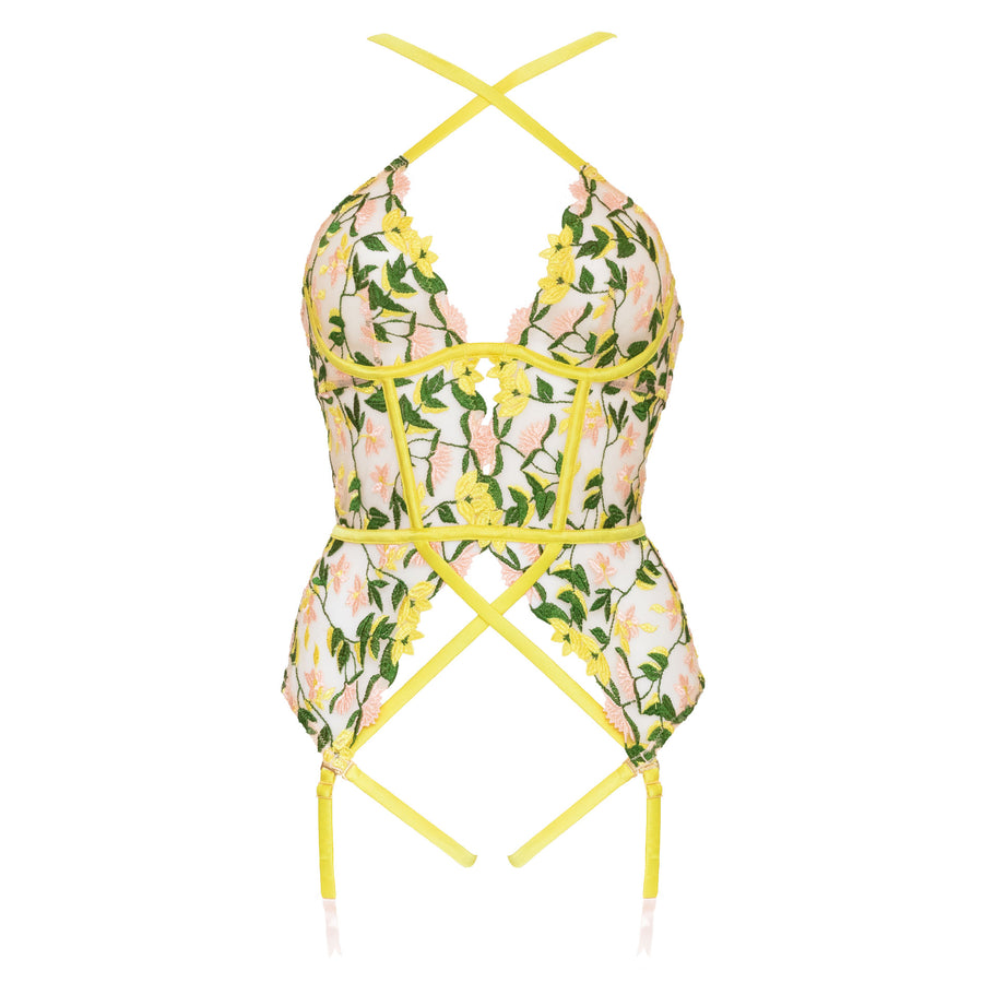 Studio Pia Liana floral embroidered tulle and peace silk basque | Chartreuse