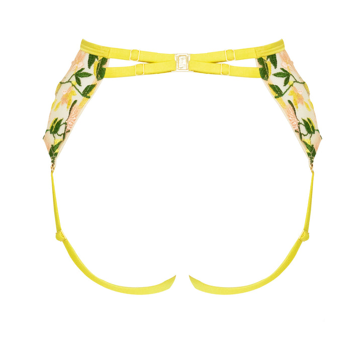 Sheer floral embroidered tulle and chartreuse peace silk multiway harness suspender without suspender straps