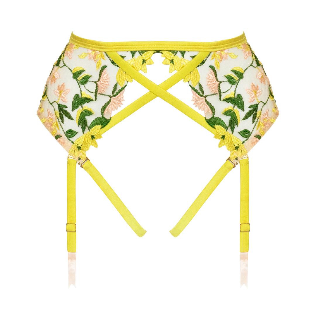 Studio Pia Liana floral embroidered tulle and peace silk harness suspender | Chartreuse