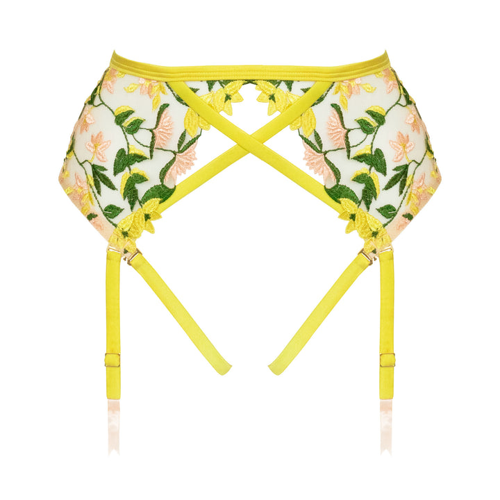 Studio Pia Liana floral embroidered tulle and peace silk harness suspender | Chartreuse