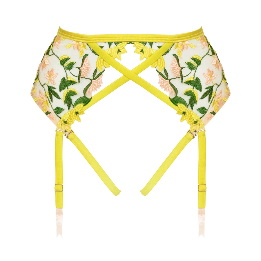 Studio Pia Liana floral embroidered tulle and peace silk harness suspender | Chartreuse