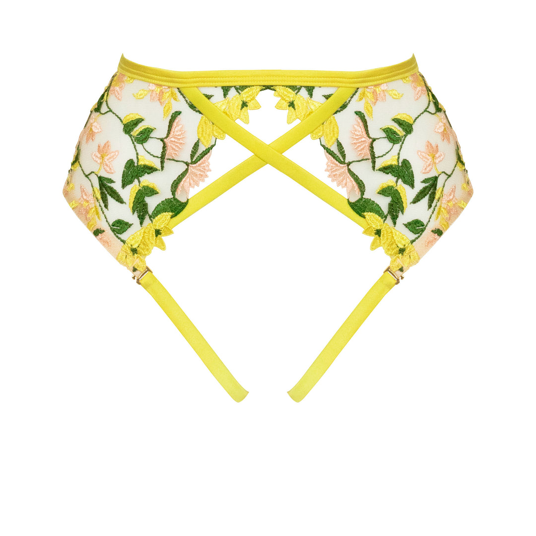 Studio Pia Liana floral embroidered tulle and peace silk harness suspender | Chartreuse