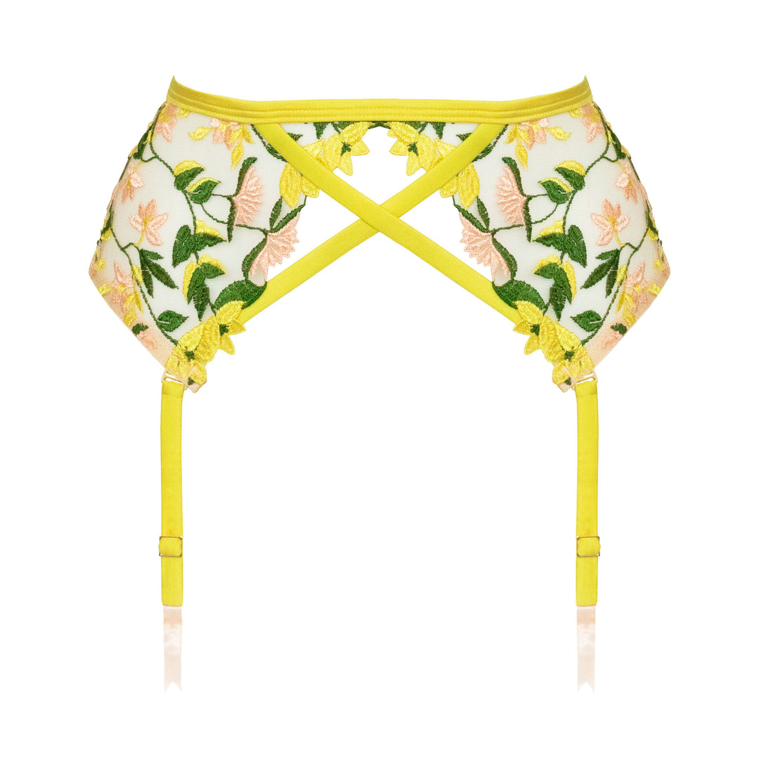 Studio Pia Liana floral embroidered tulle and peace silk harness suspender | Chartreuse