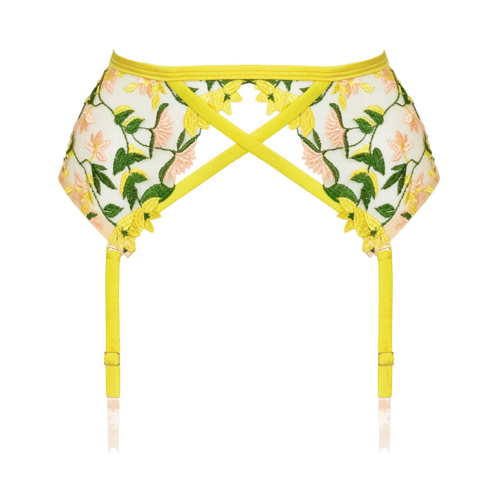 Studio Pia Liana floral embroidered tulle and peace silk harness suspender | Chartreuse