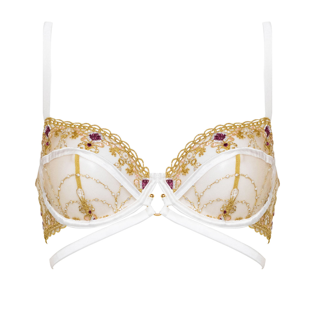 Studio Pia Matilda jewel embroidered tulle and peace silk harness balconette bra | Ivory