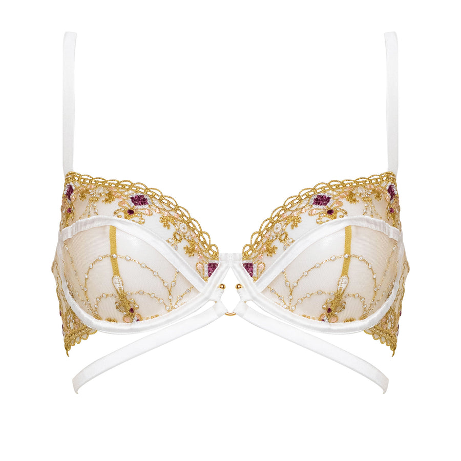 Studio Pia Matilda jewel embroidered tulle and peace silk harness balconette bra | Ivory