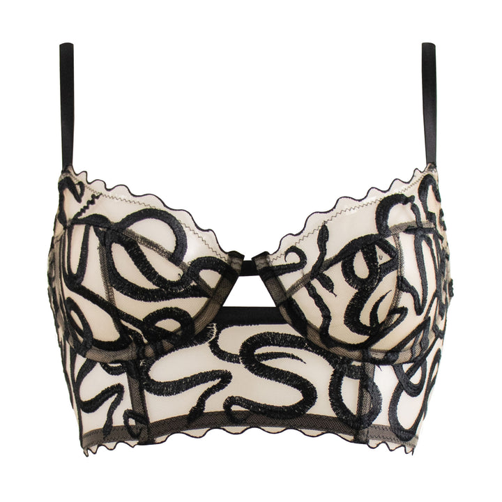 Studio Pia Naga snake embroidered tulle and peace silk longline bra | Jet Black