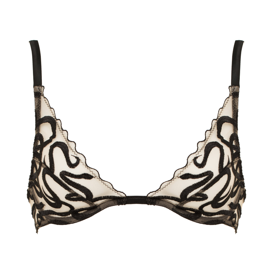 Studio Pia Naga snake embroidered tulle and peace silk plunge bra | Jet Black