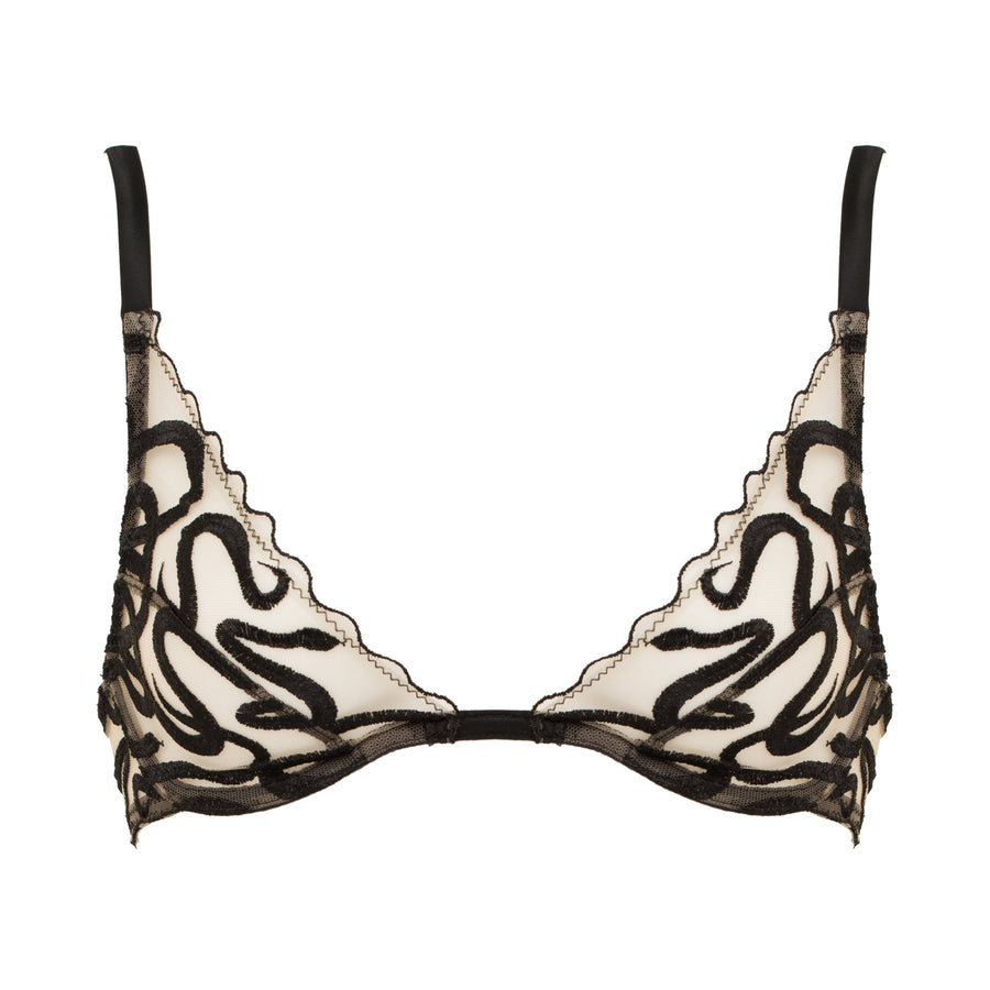 Studio Pia Naga snake embroidered tulle and peace silk plunge bra | Jet Black