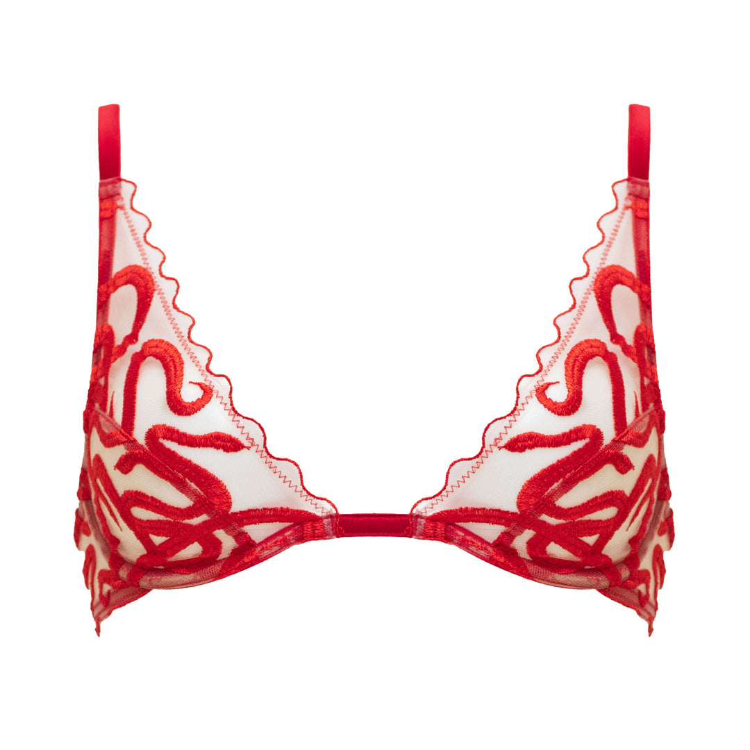 Studio Pia Naga snake embroidered tulle and peace silk plunge bra | Scarlet Red