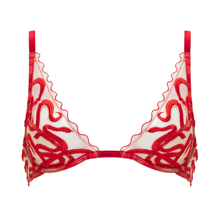 Studio Pia Naga snake embroidered tulle and peace silk plunge bra | Scarlet Red