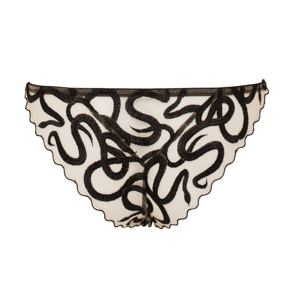 Studio Pia Naga snake embroidered tulle and peace silk strap knicker | Jet Black