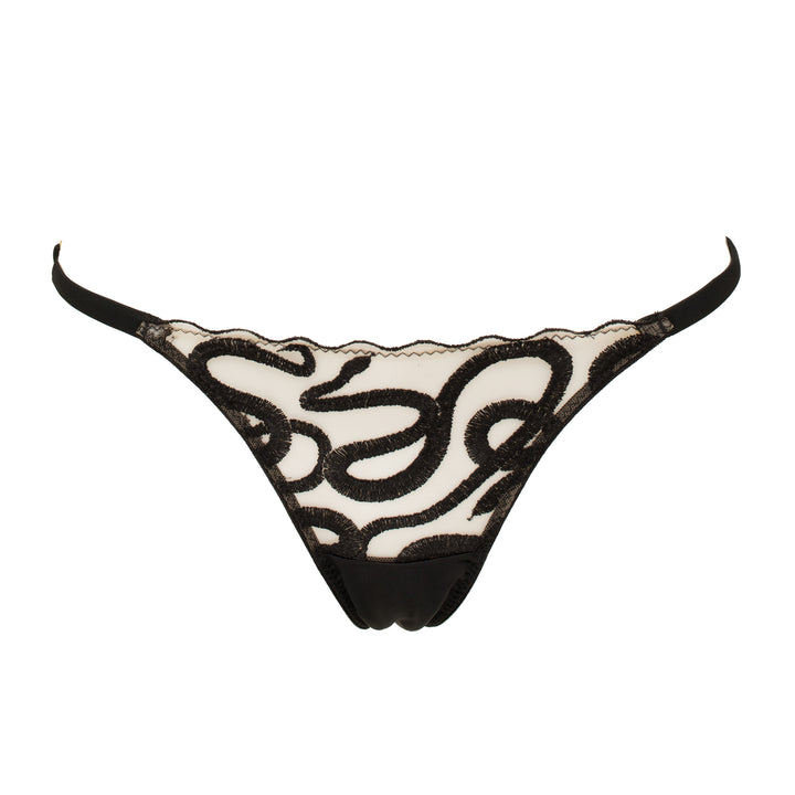 Studio Pia Naga snake embroidered tulle and peace silk strap thong | Jet Black