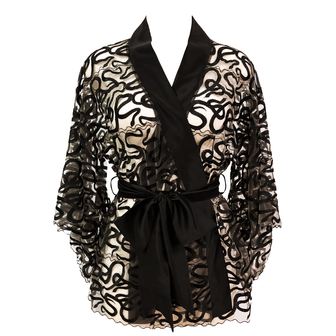 Studio Pia Naga snake embroidered tulle and peace silk plunge robe | Jet Black