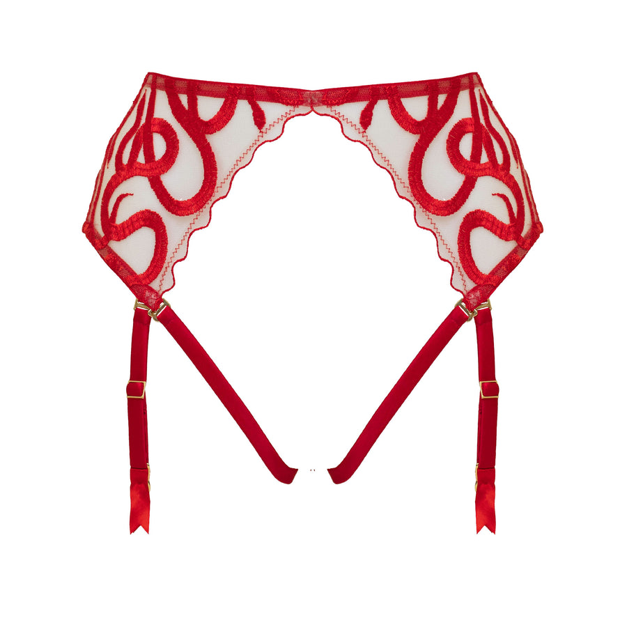 Studio Pia Naga snake embroidered tulle and peace silk harness suspender | Scarlet Red