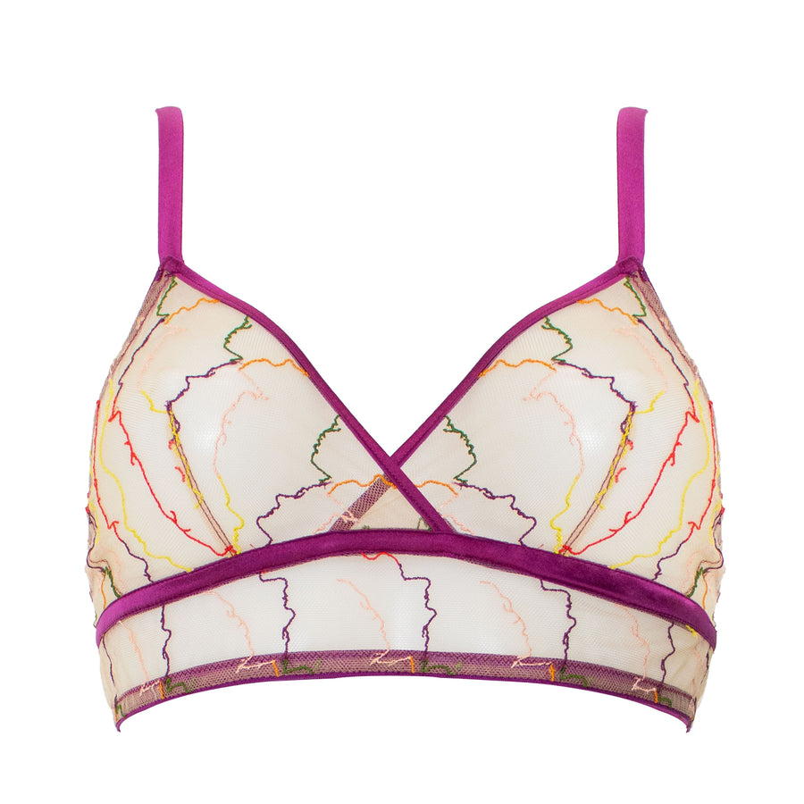 Studio Pia Clara sheer embroidered tulle and peace silk bralette | Mulberry Purple