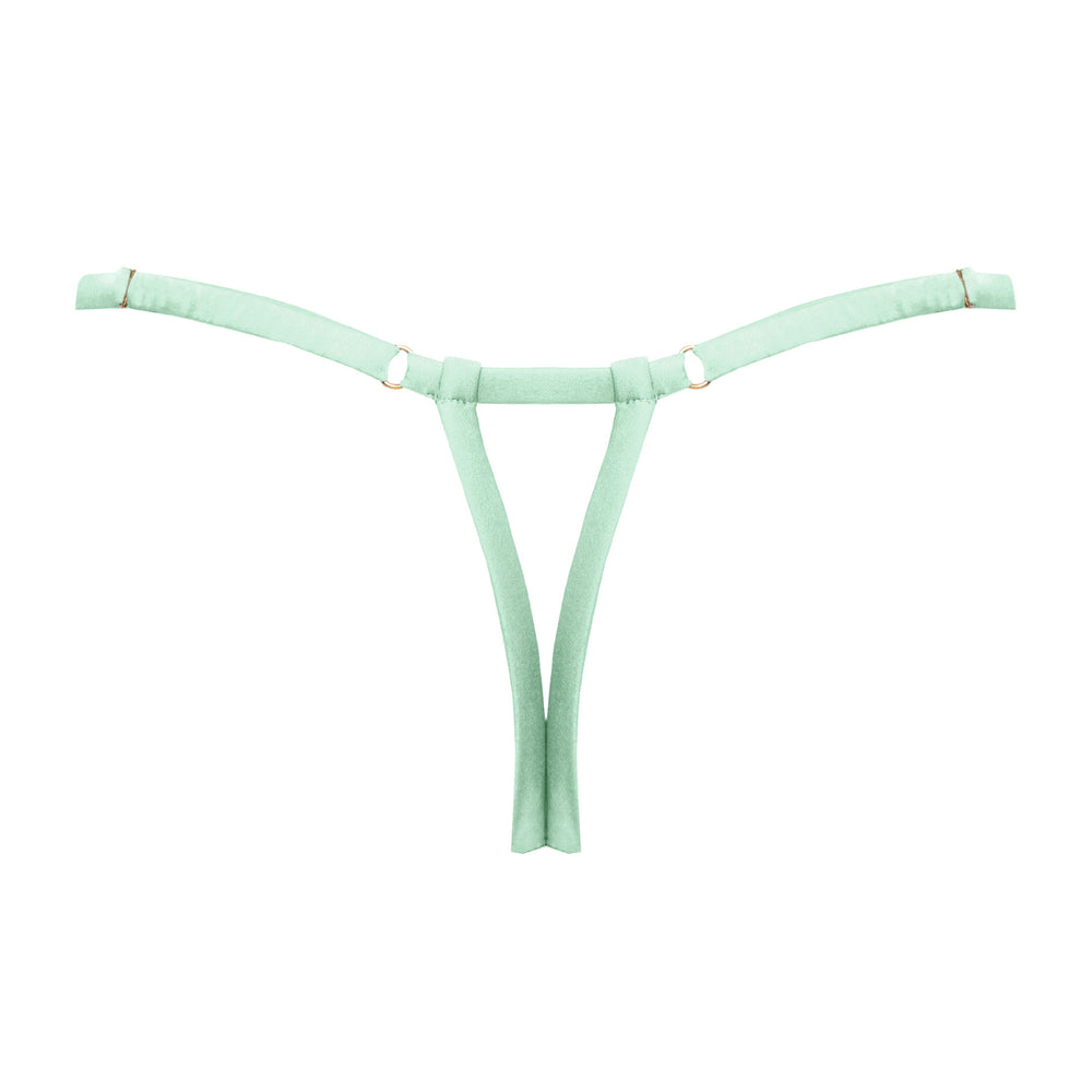 Studio Pia Farida palm tree embroidered tulle and peace silk strap thong | Sage Green