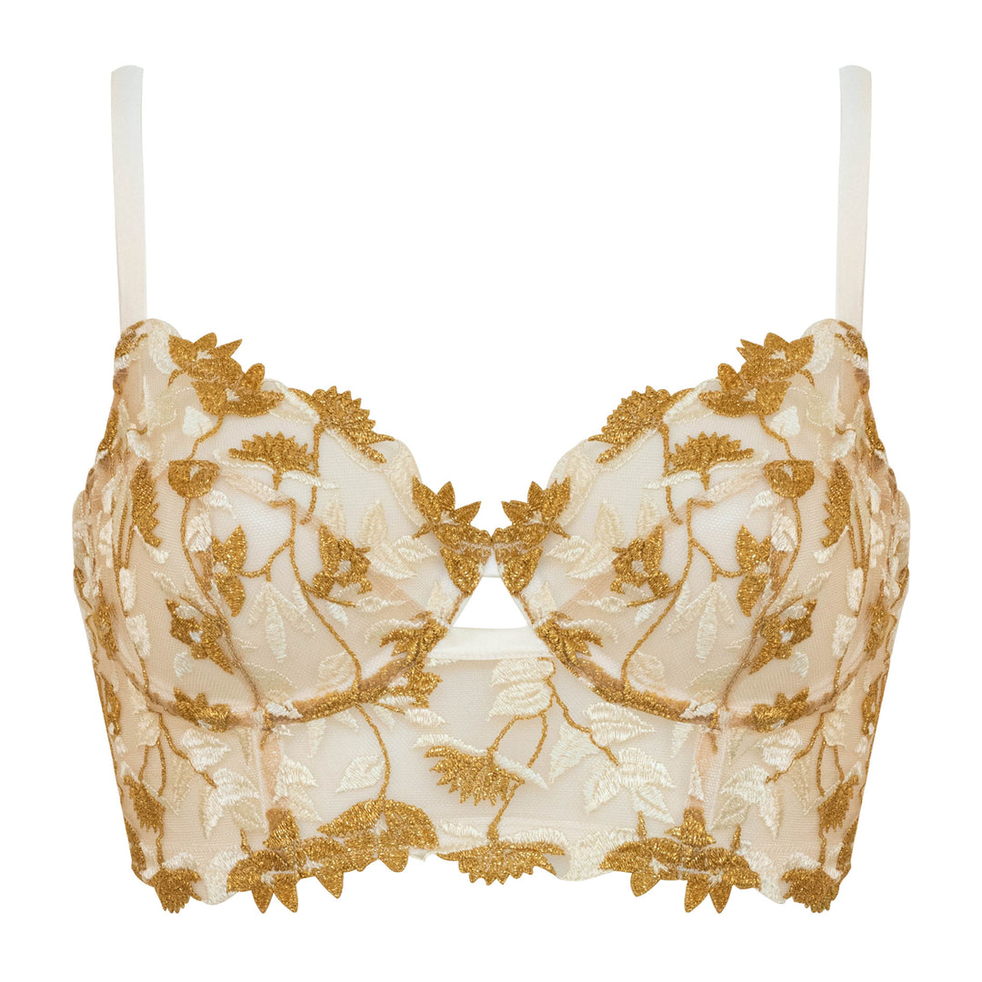 Studio Pia Soraya gold floral embroidered tulle and peace silk longline bra | Ivory