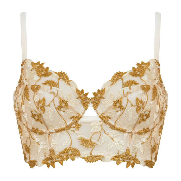 Studio Pia Soraya gold floral embroidered tulle and peace silk longline bra | Ivory