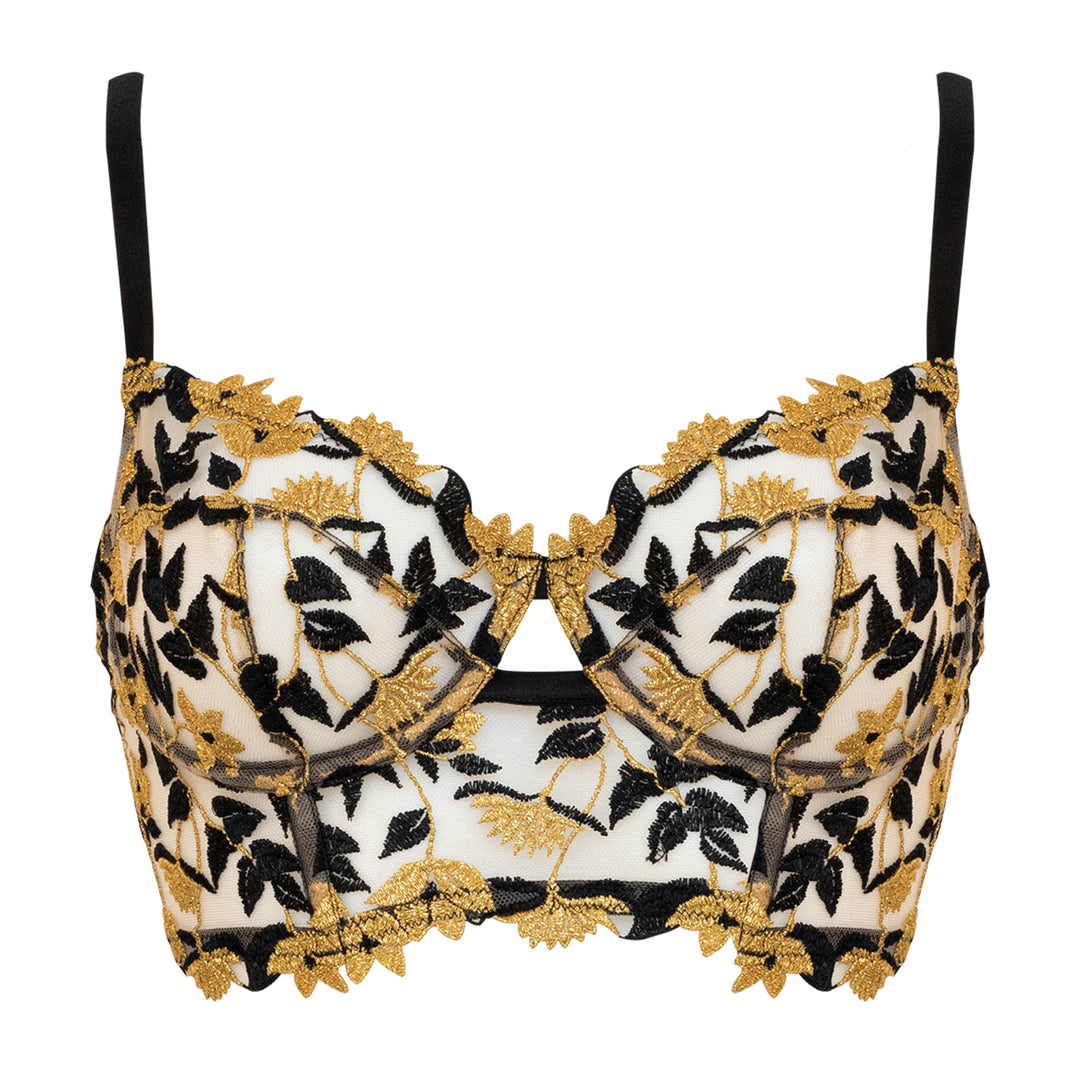 Studio Pia Soraya gold floral embroidered tulle and peace silk longline bra | Jet Black