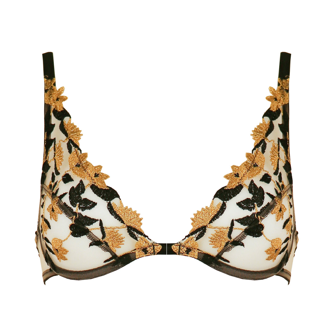 Studio Pia Soraya gold floral embroidered tulle and peace silk plunge bra | Jet Black