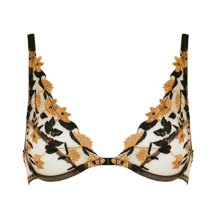 Studio Pia Soraya gold floral embroidered tulle and peace silk plunge bra | Jet Black