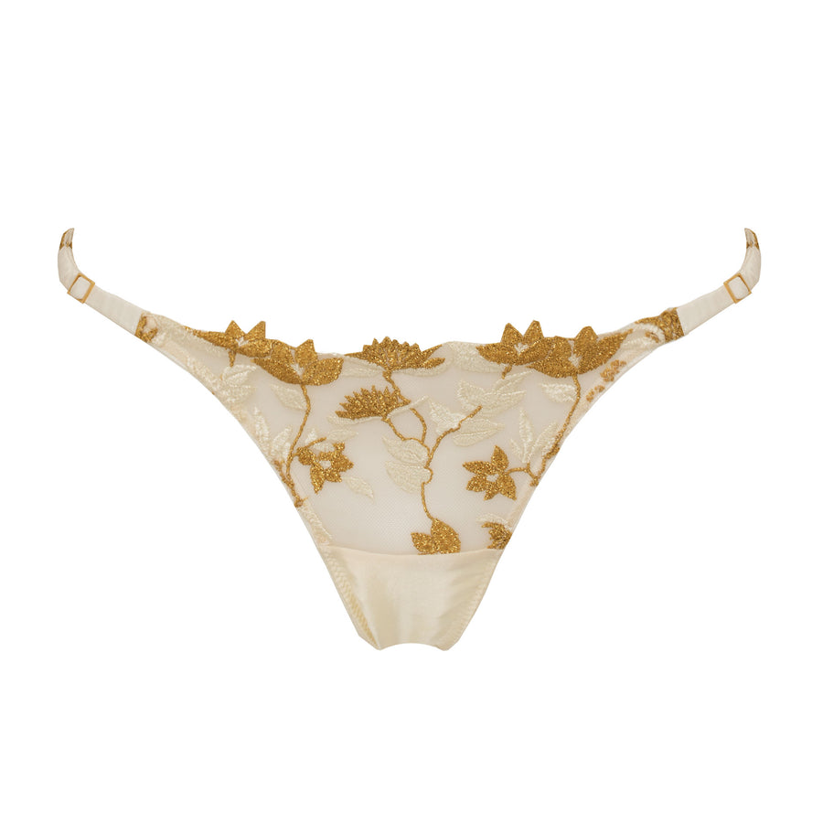 Studio Pia Soraya gold floral embroidered tulle and peace silk knicker | Ivory