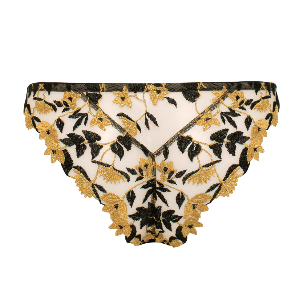 Studio Pia Soraya gold floral embroidered tulle and peace silk knicker | Jet Black