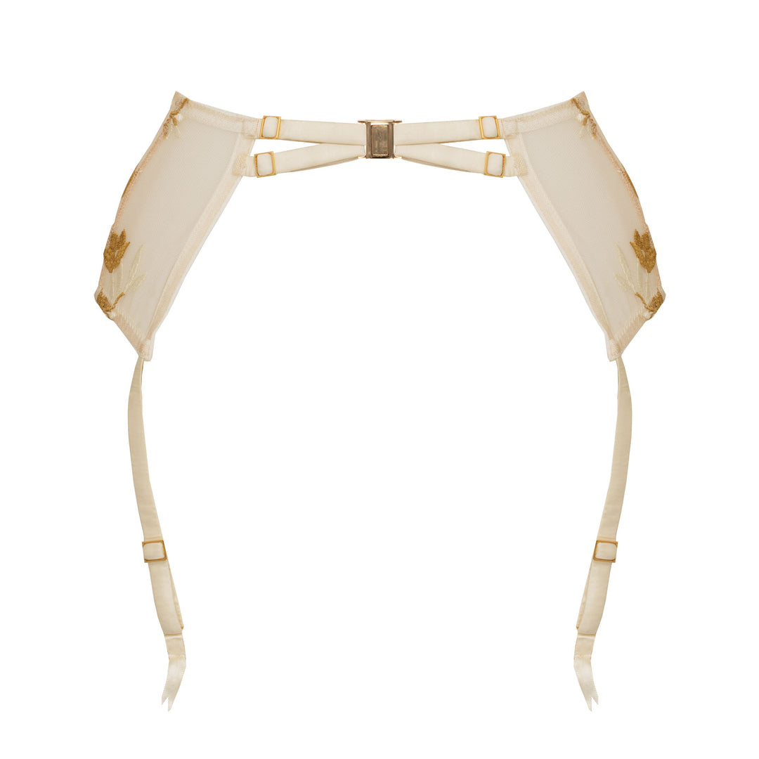 Studio Pia Soraya gold floral embroidered tulle and peace silk harness suspender | Ivory