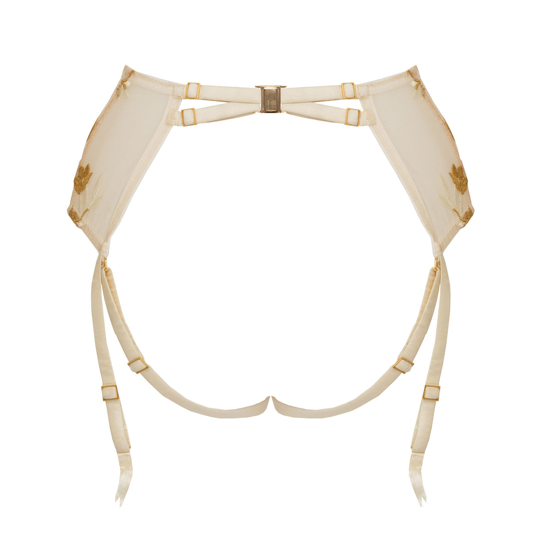 Studio Pia Soraya gold floral embroidered tulle and peace silk harness suspender | Ivory