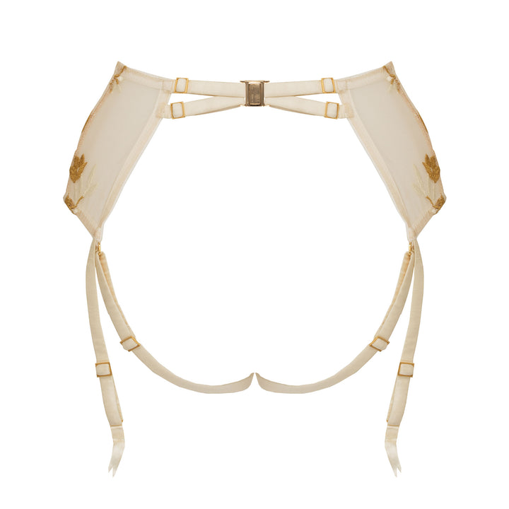 Studio Pia Soraya gold floral embroidered tulle and peace silk harness suspender | Ivory