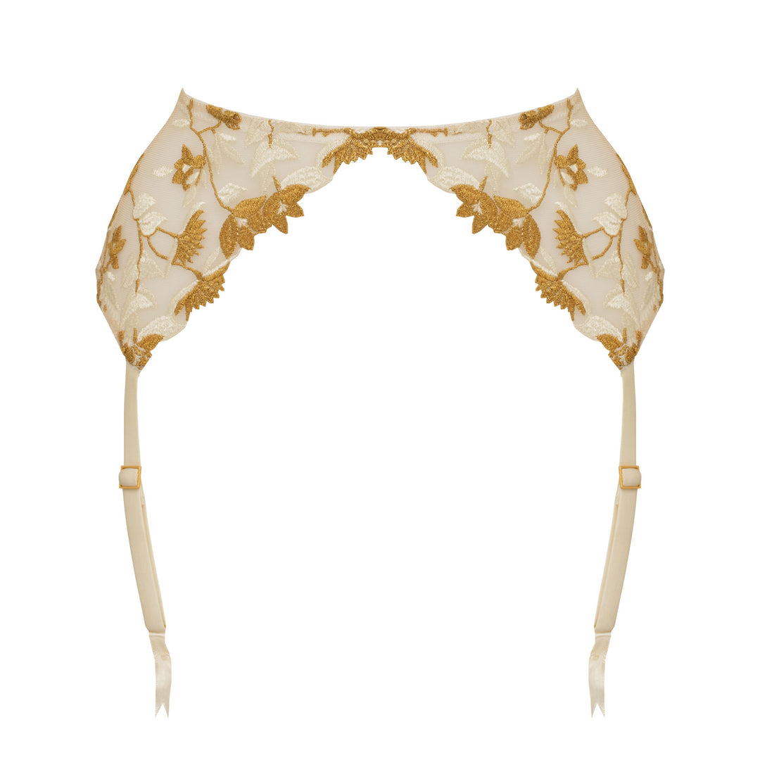 Studio Pia Soraya gold floral embroidered tulle and peace silk harness suspender | Ivory