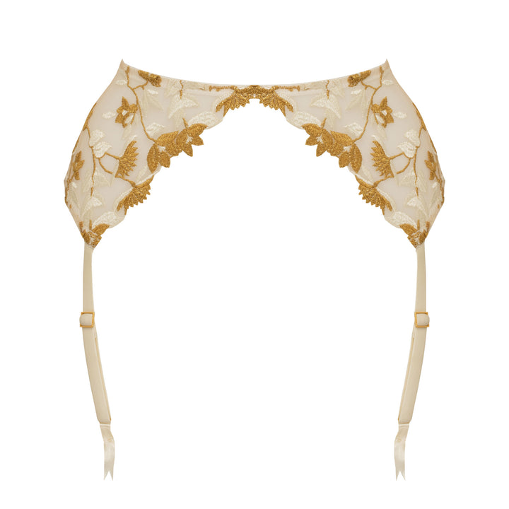 Studio Pia Soraya gold floral embroidered tulle and peace silk harness suspender | Ivory