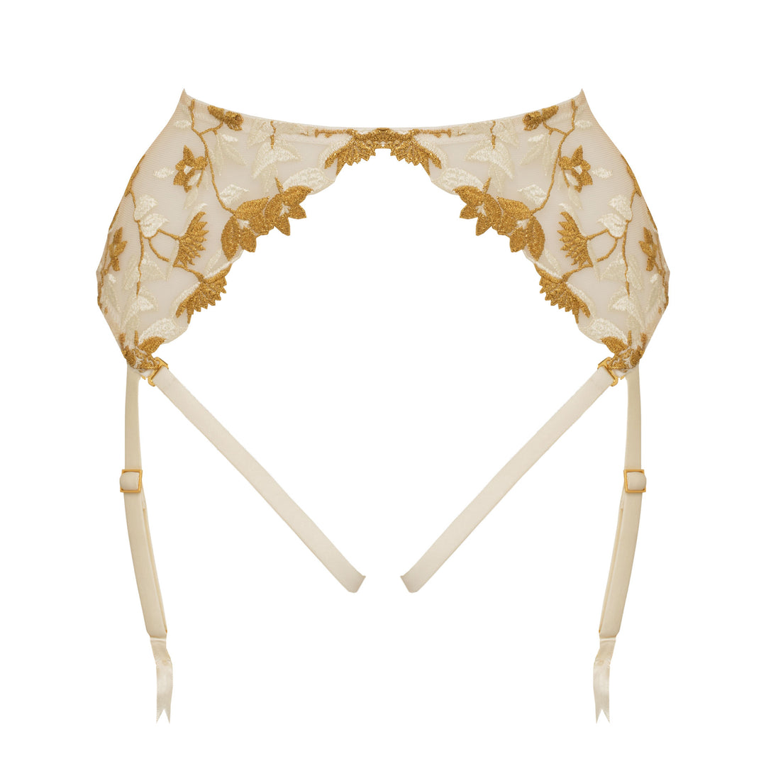 Studio Pia Soraya gold floral embroidered tulle and peace silk harness suspender | Ivory