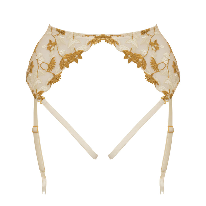 Studio Pia Soraya gold floral embroidered tulle and peace silk harness suspender | Ivory