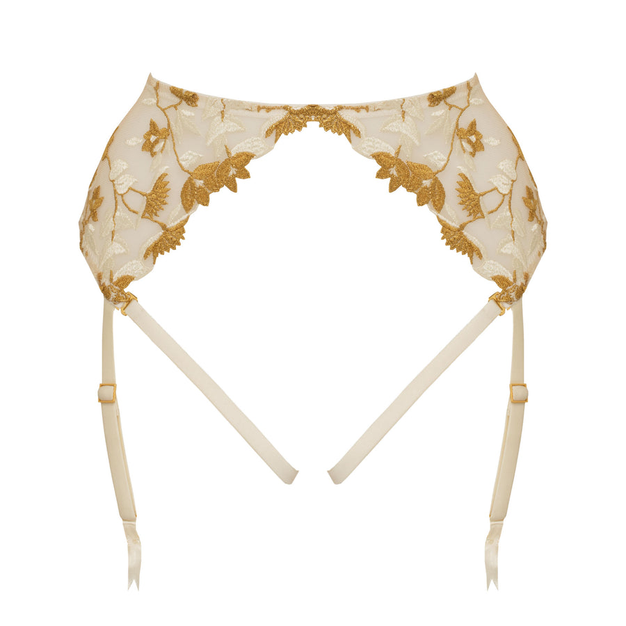 Studio Pia Soraya gold floral embroidered tulle and peace silk harness suspender | Ivory