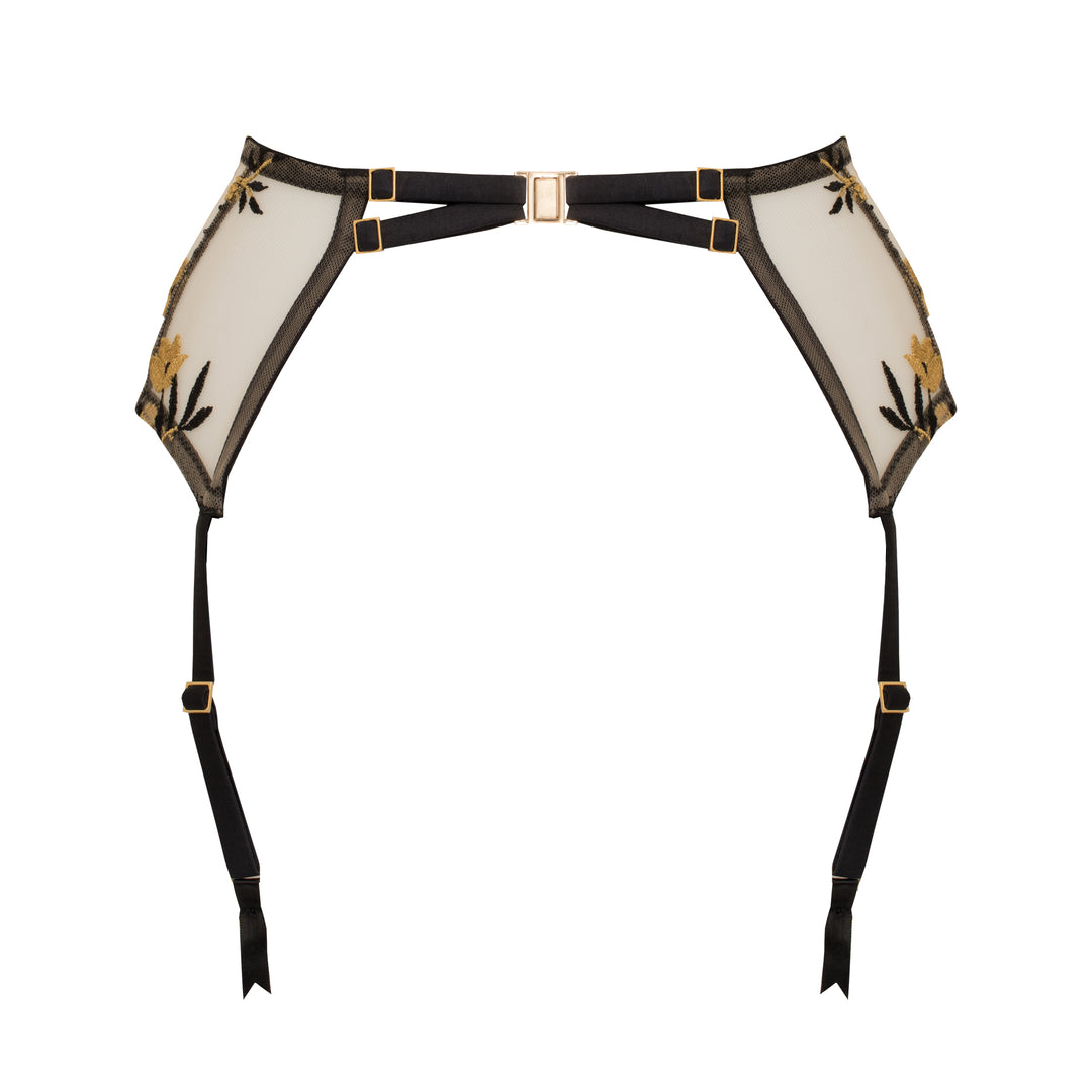 Sheer gold and black floral embroidered tulle harness suspender with jet black peace silk strapping