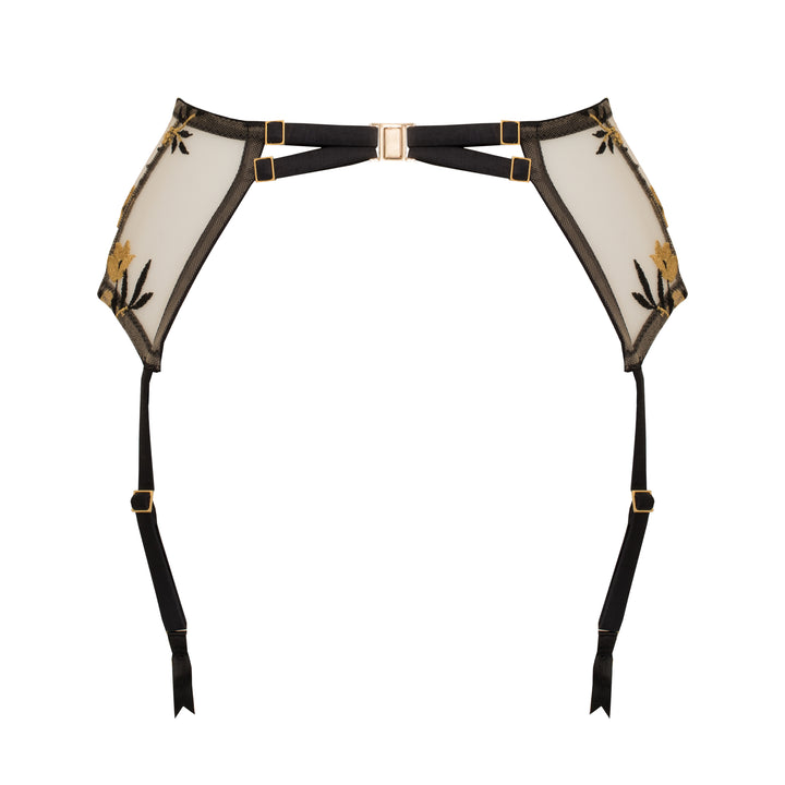 Sheer gold and black floral embroidered tulle harness suspender with jet black peace silk strapping