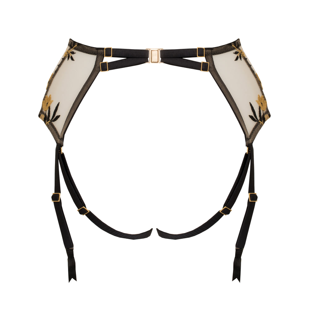 Studio Pia Soraya gold floral embroidered tulle and peace silk harness suspender | Jet Black