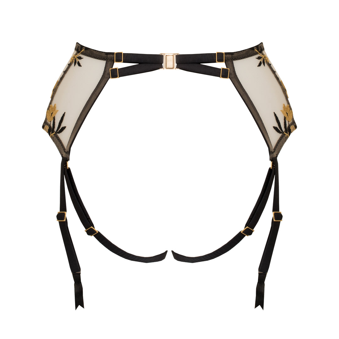 Studio Pia Soraya gold floral embroidered tulle and peace silk harness suspender | Jet Black