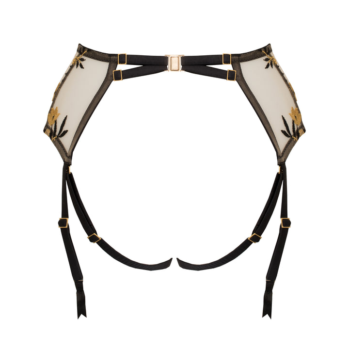 Studio Pia Soraya gold floral embroidered tulle and peace silk harness suspender | Jet Black