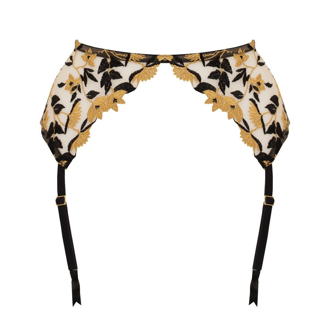 Studio Pia Soraya gold floral embroidered tulle and peace silk harness suspender | Jet Black