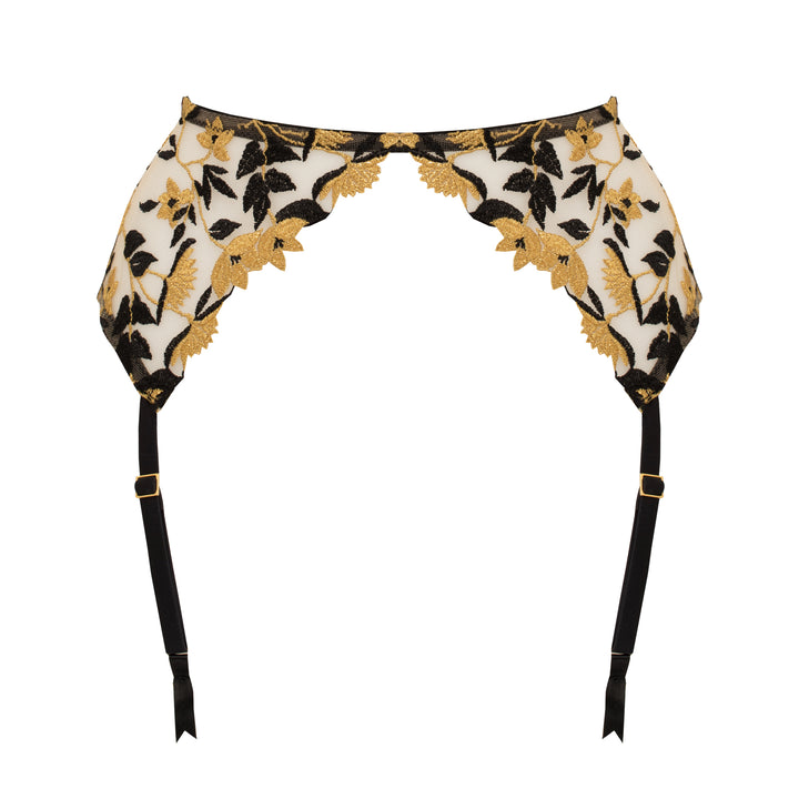 Studio Pia Soraya gold floral embroidered tulle and peace silk harness suspender | Jet Black