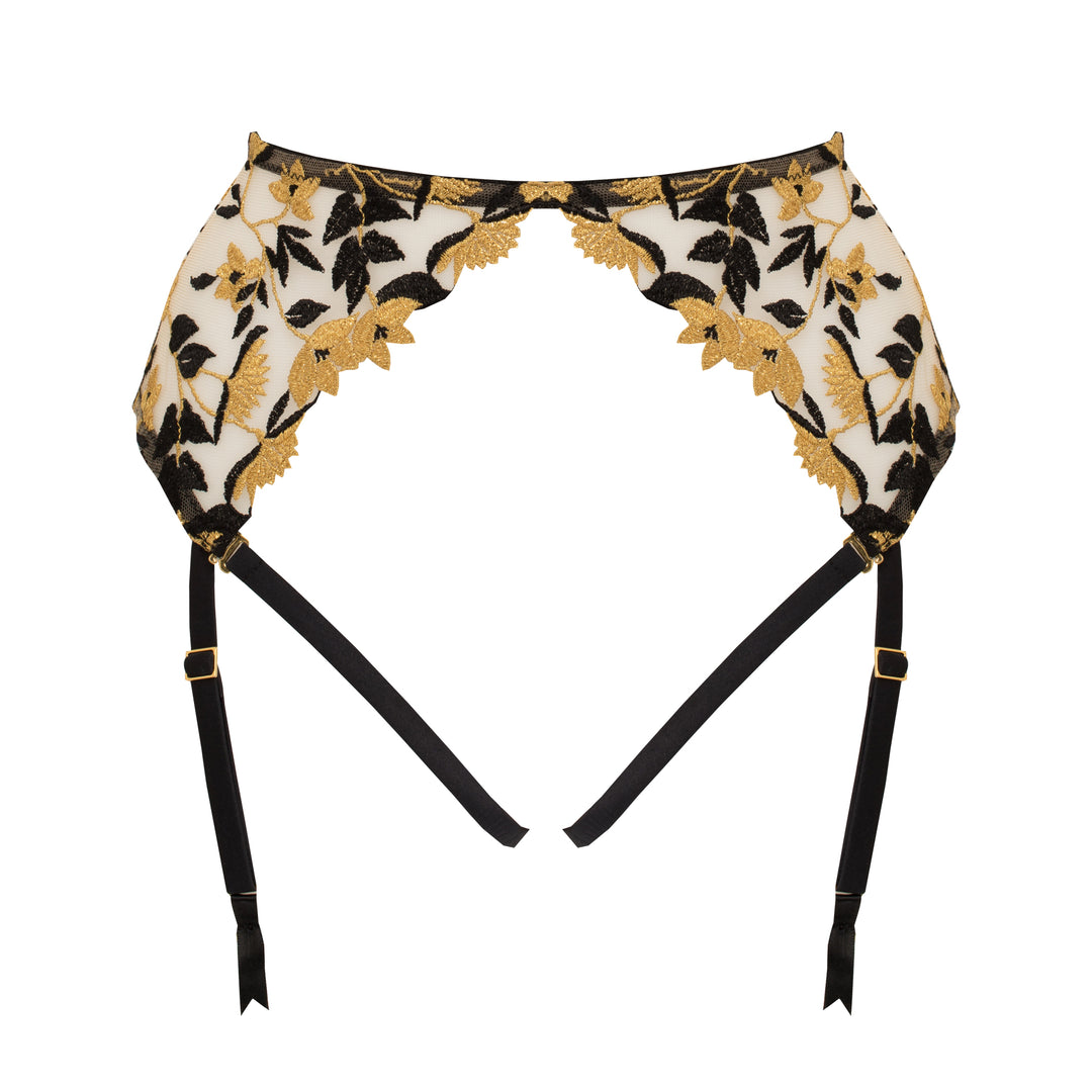 Studio Pia Soraya gold floral embroidered tulle and peace silk harness suspender | Jet Black